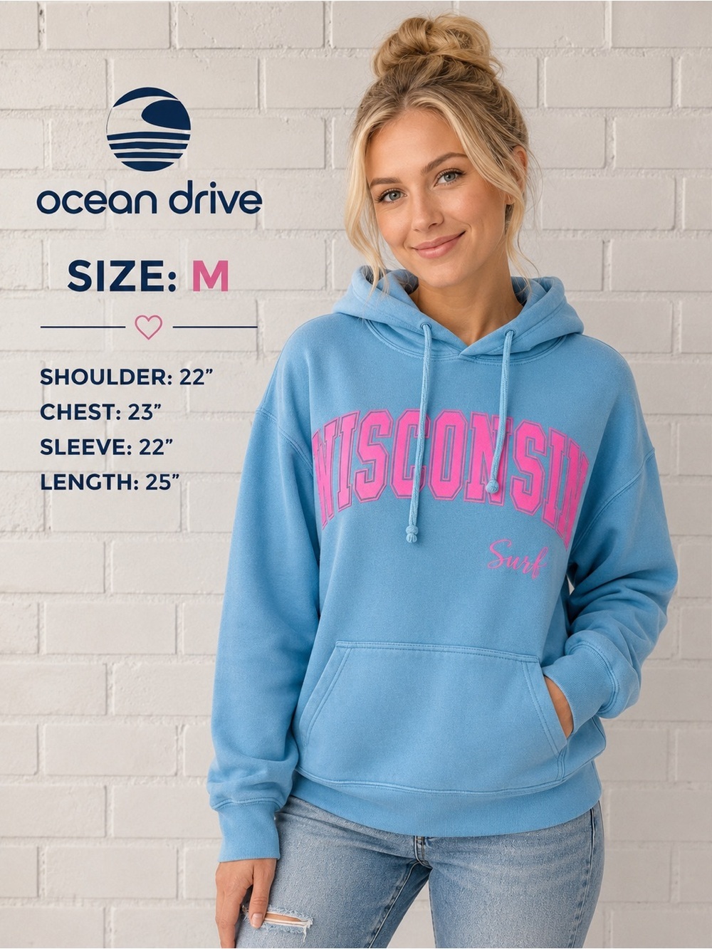 Ocean Drive Sky Blue Hoodie with Pink Wisconsin Script/size M